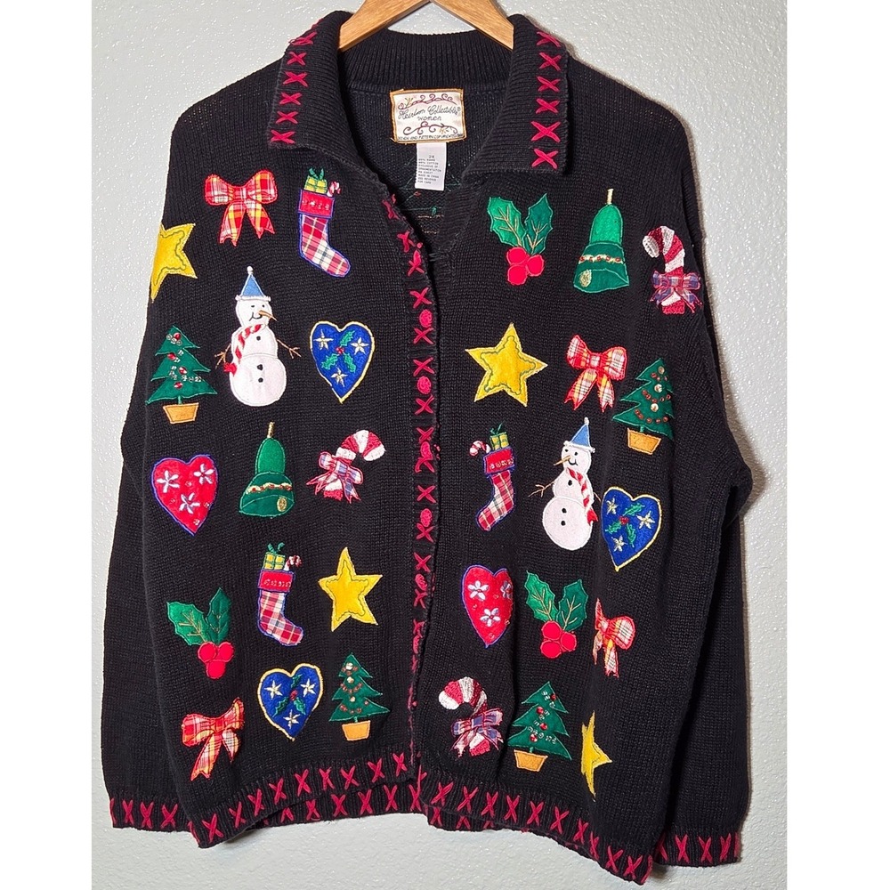 VTG Heirloom Collectible Ugly Christmas Cardigan 2X Ramie Button Holiday Sweater